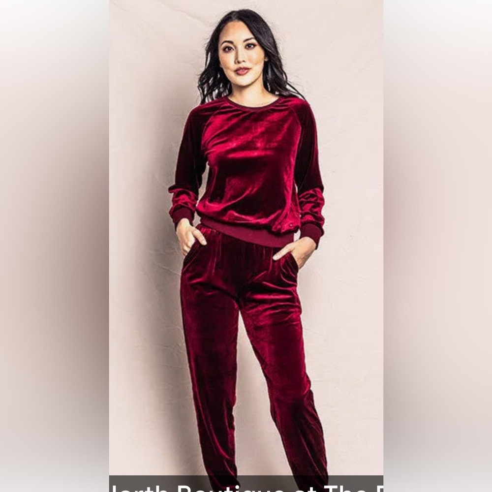 PETITE PLUME women’s velour lounge set in royal garnet/burgundy red